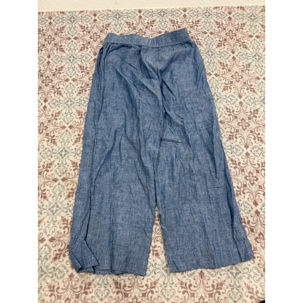 Tahari Essentials 100% Linen Wide Leg Pants Blue Chambray Elastic Waist Mens M